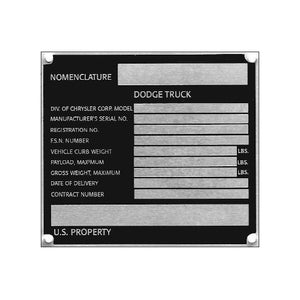 Data Plate #31 - Main Data Plate for 1958-71 Military Issued Civilian W or D Series: 100/200/300/500